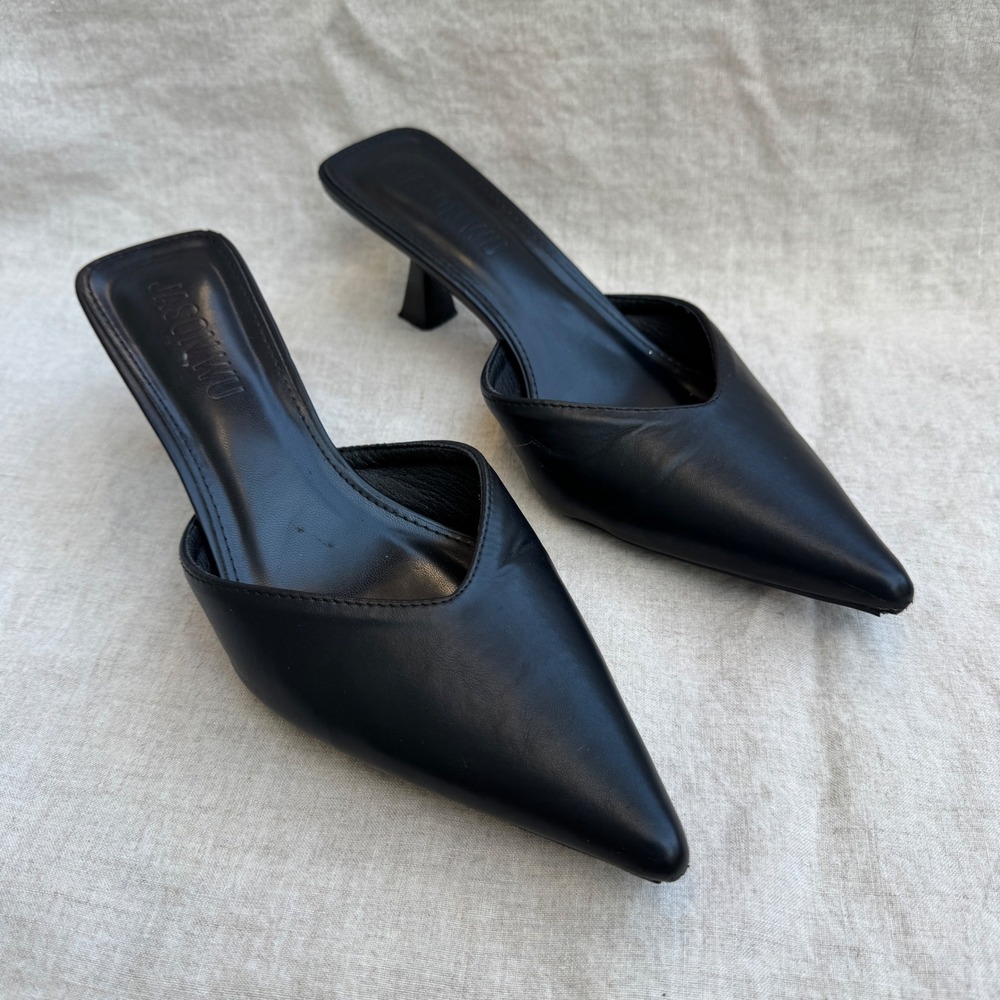 Jason Wu Pointed Toe Mules 9 Black Kitten Heel V-Cut Minimalist 90s Style